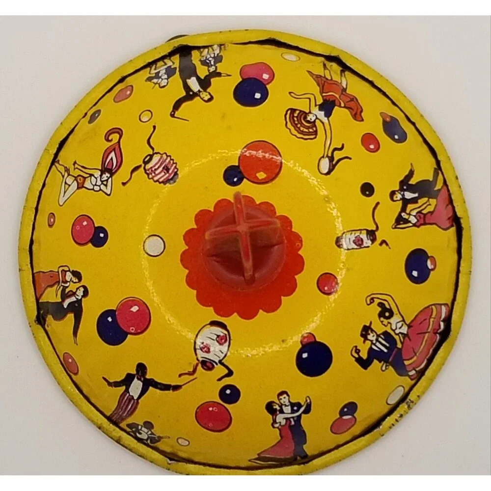 Vintage US Metal Toy Company tin art litho noisemaker bell style New Years theme